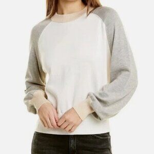 Monrow Colorblock Lightweight Neutral Sweater with Statement Sleeves, Size M